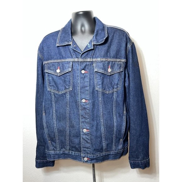 Tommy Hilfiger Jean Jacket Mens 2 XL XXL Blue Biker Dark Denim Trucker